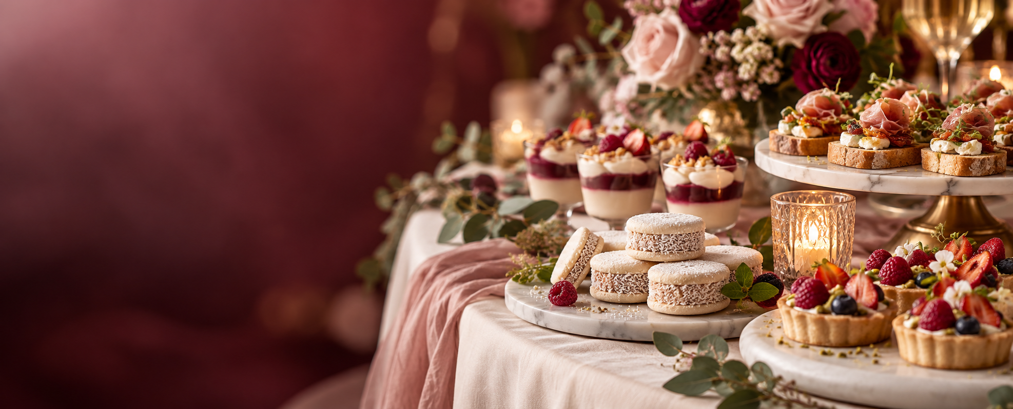 Mesa de productos dulces y cóctel para una celebración